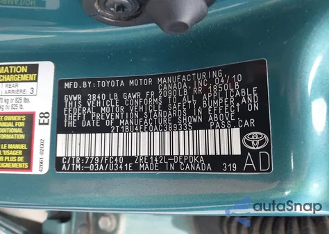 2010 Toyota Corolla Le из США, поврежденный, VIN 2T1BU4EE0AC389335